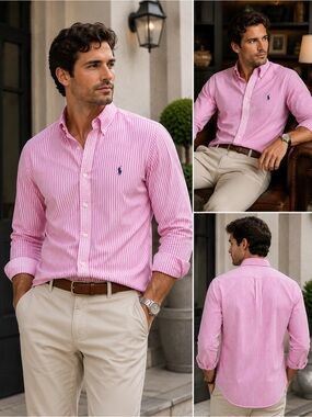 Ralph Lauren Slim Fit ButtonDown Shirt Pink & White Stripe |Men’s XL 100% Cotton